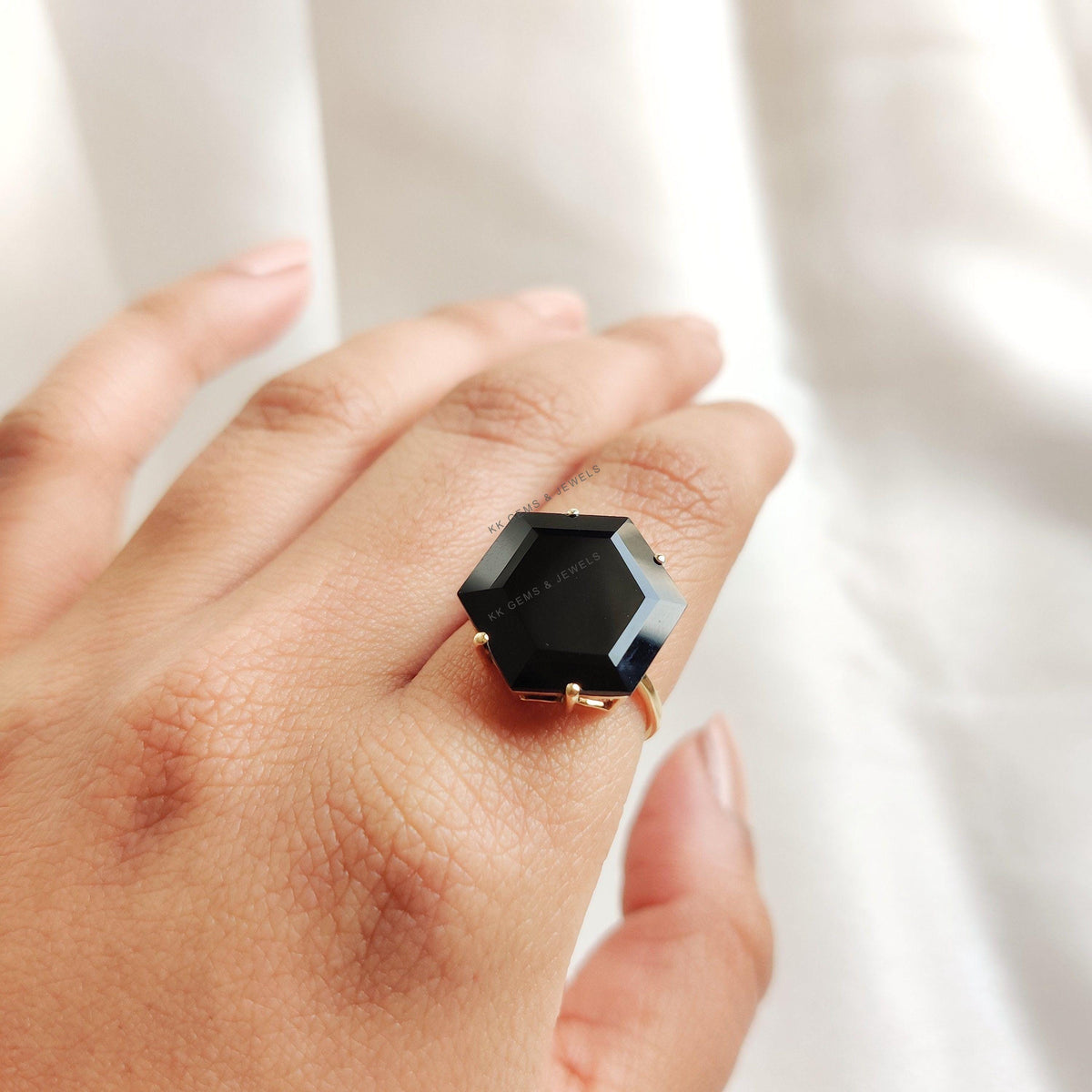Natural Black Onyx Hexagon Ring, 14K Solid Yellow Gold Statement Ring