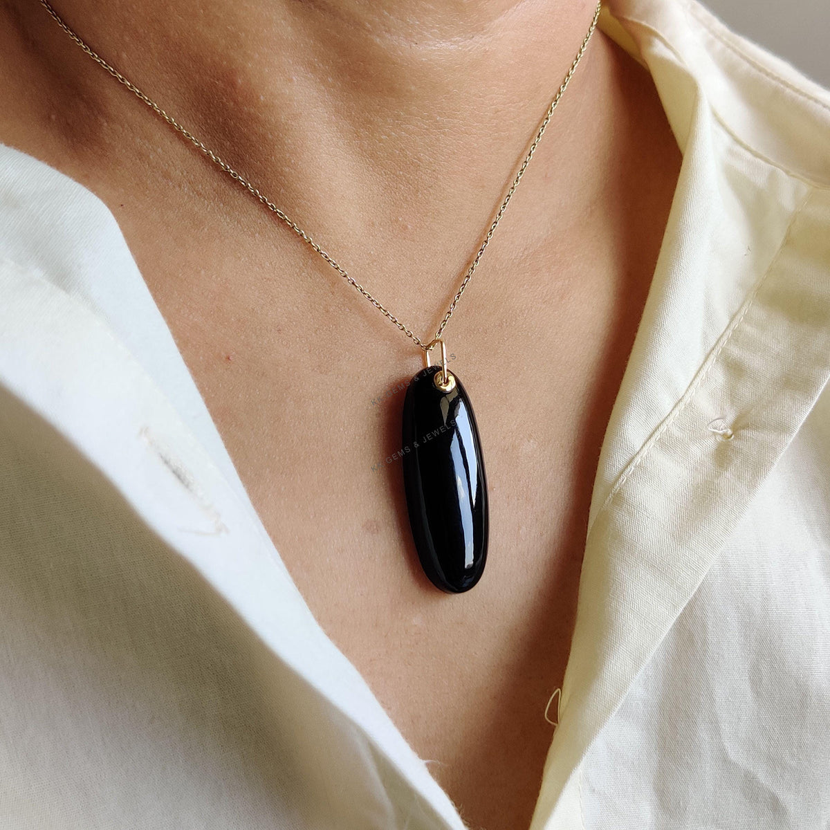 14K Solid Yellow Gold Natural Black Onyx Oblong Pendant, December Birthstone