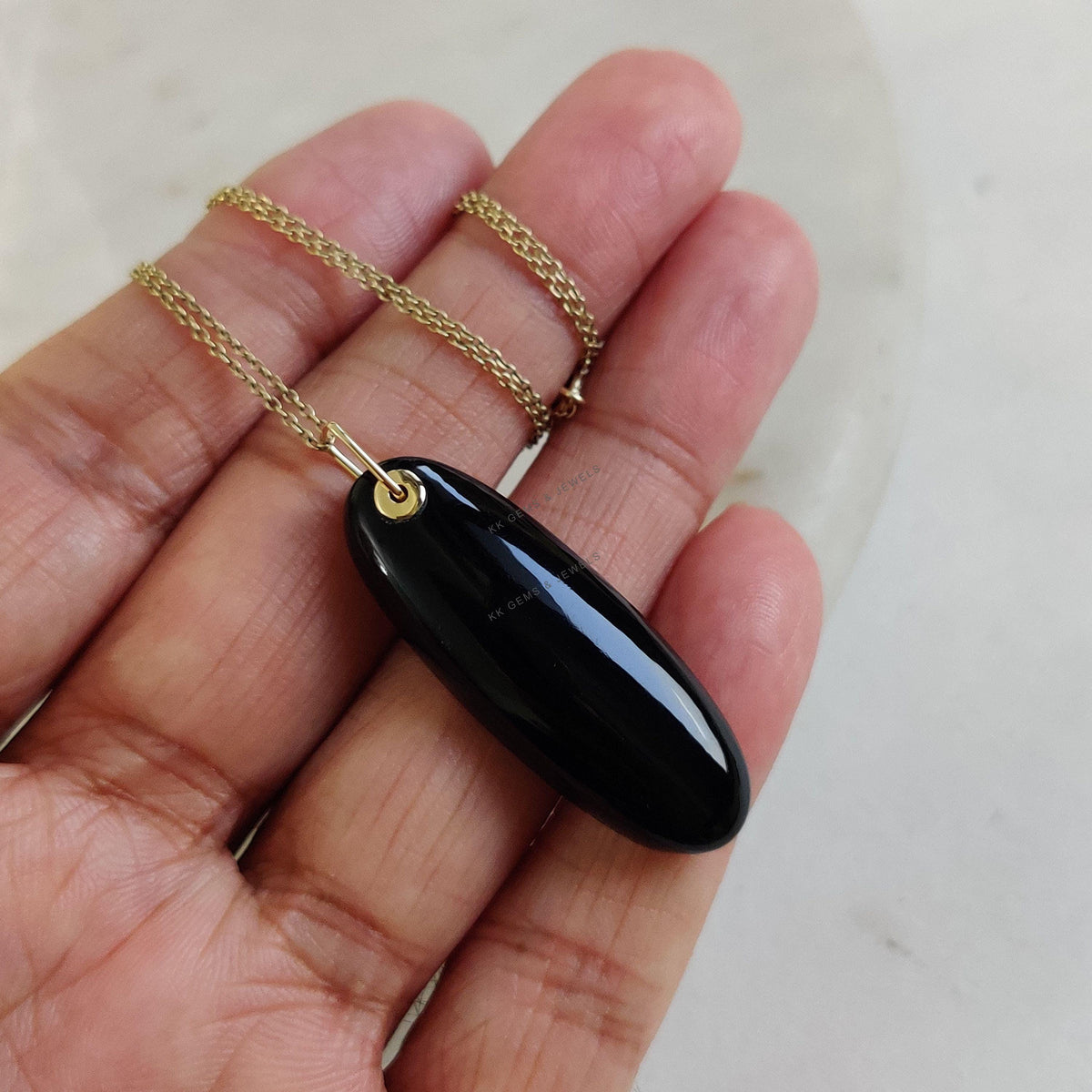 14K Solid Yellow Gold Natural Black Onyx Oblong Pendant, December Birthstone