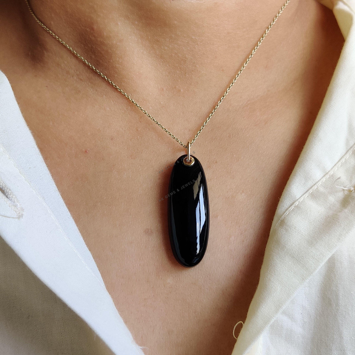 14K Solid Yellow Gold Natural Black Onyx Oblong Pendant, December Birthstone