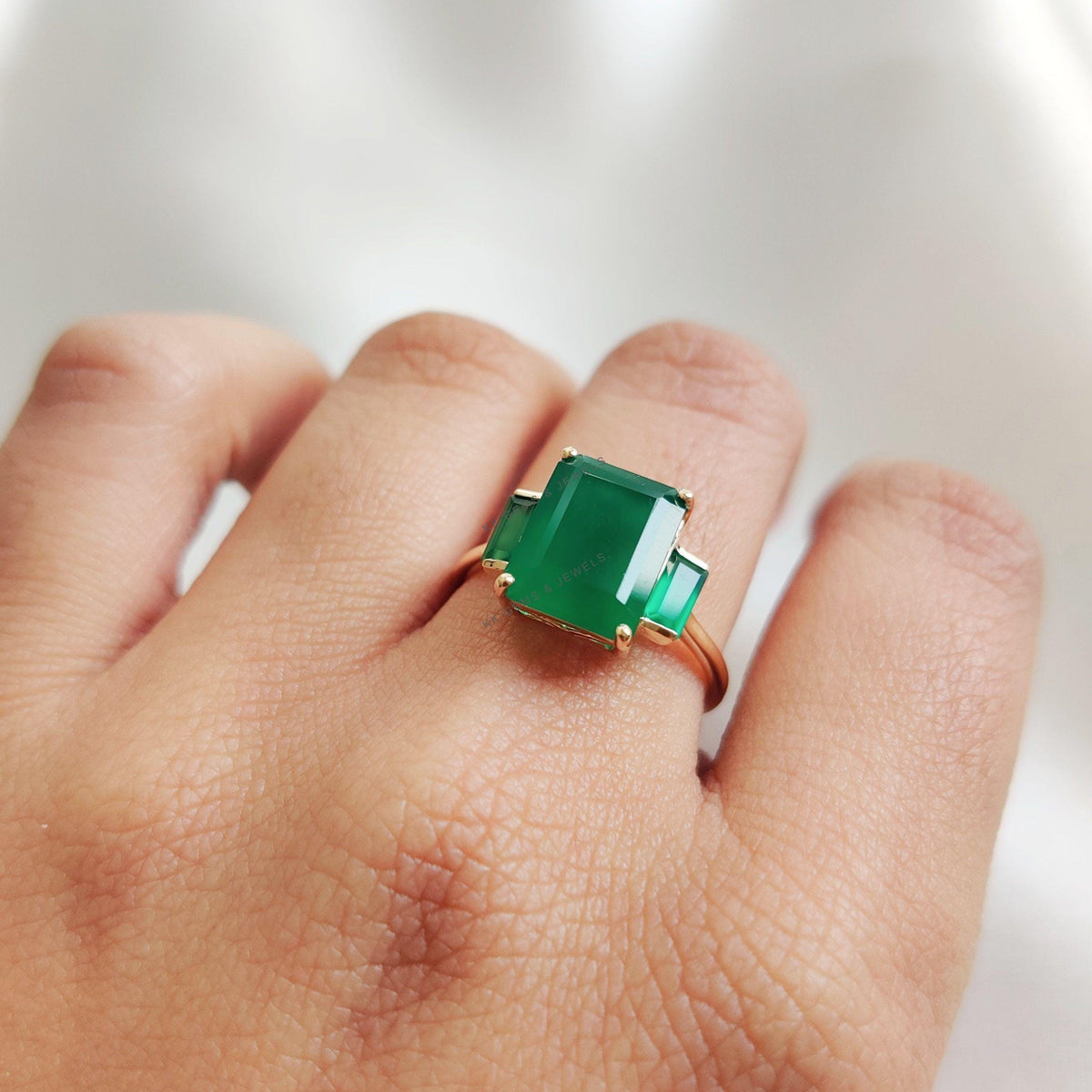 14K Solid Yellow Gold Natural Green Onyx Ring, May Birthstone