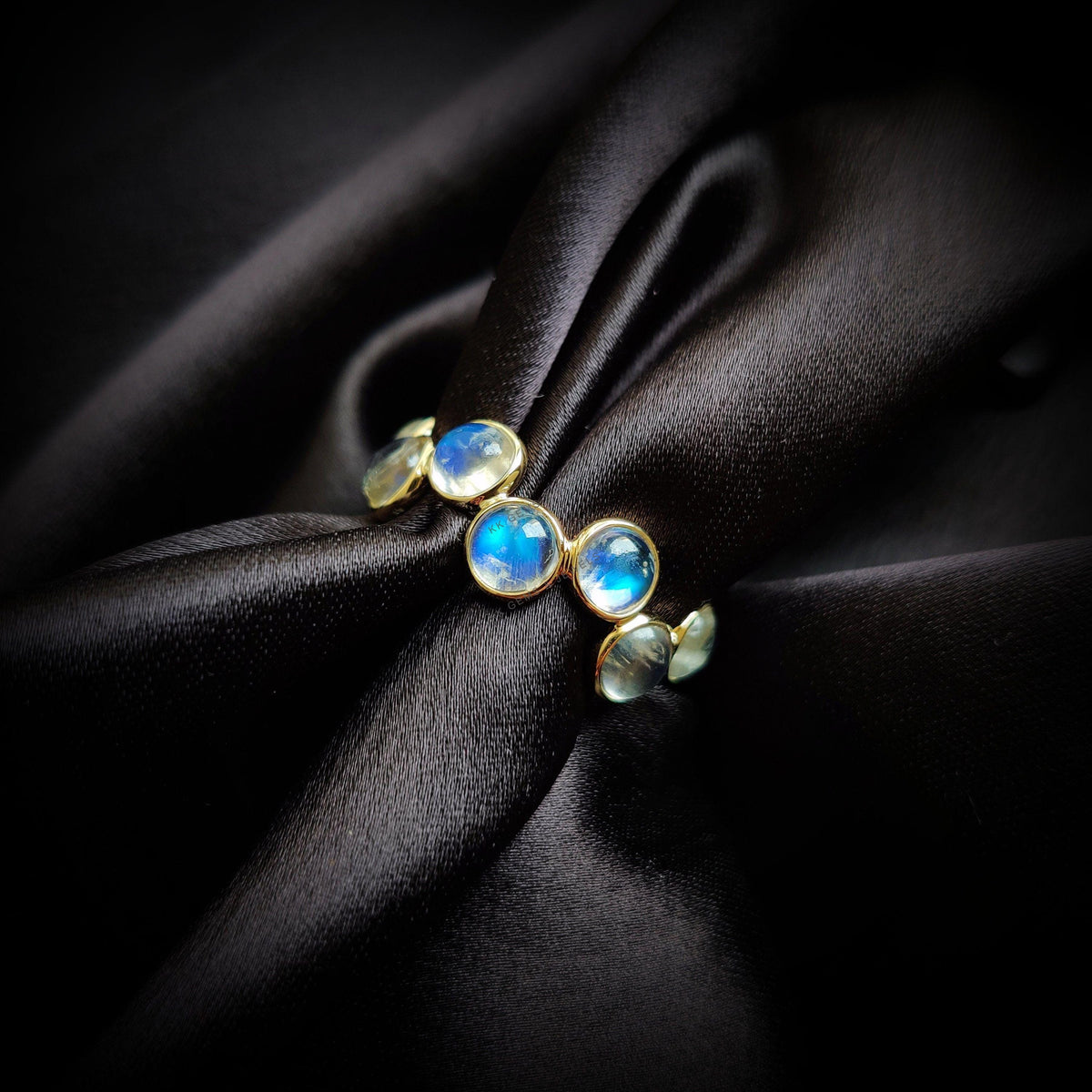 14K Solid Yellow Gold Natural Rainbow Moonstone Ring, June Birthstone