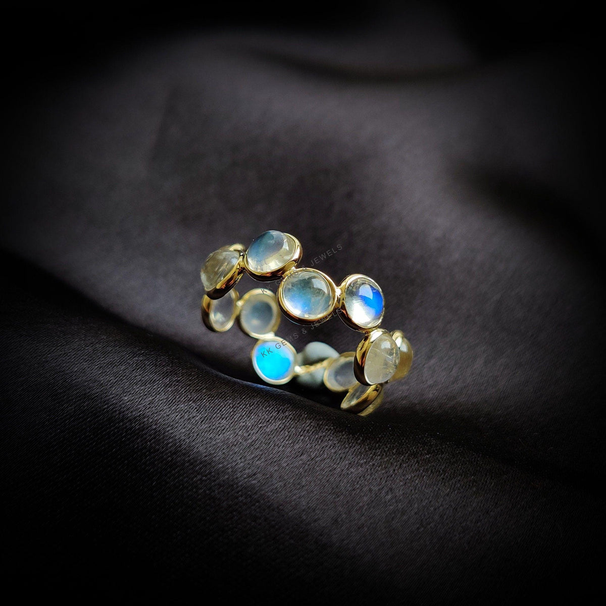 14K Solid Yellow Gold Natural Rainbow Moonstone Ring, June Birthstone