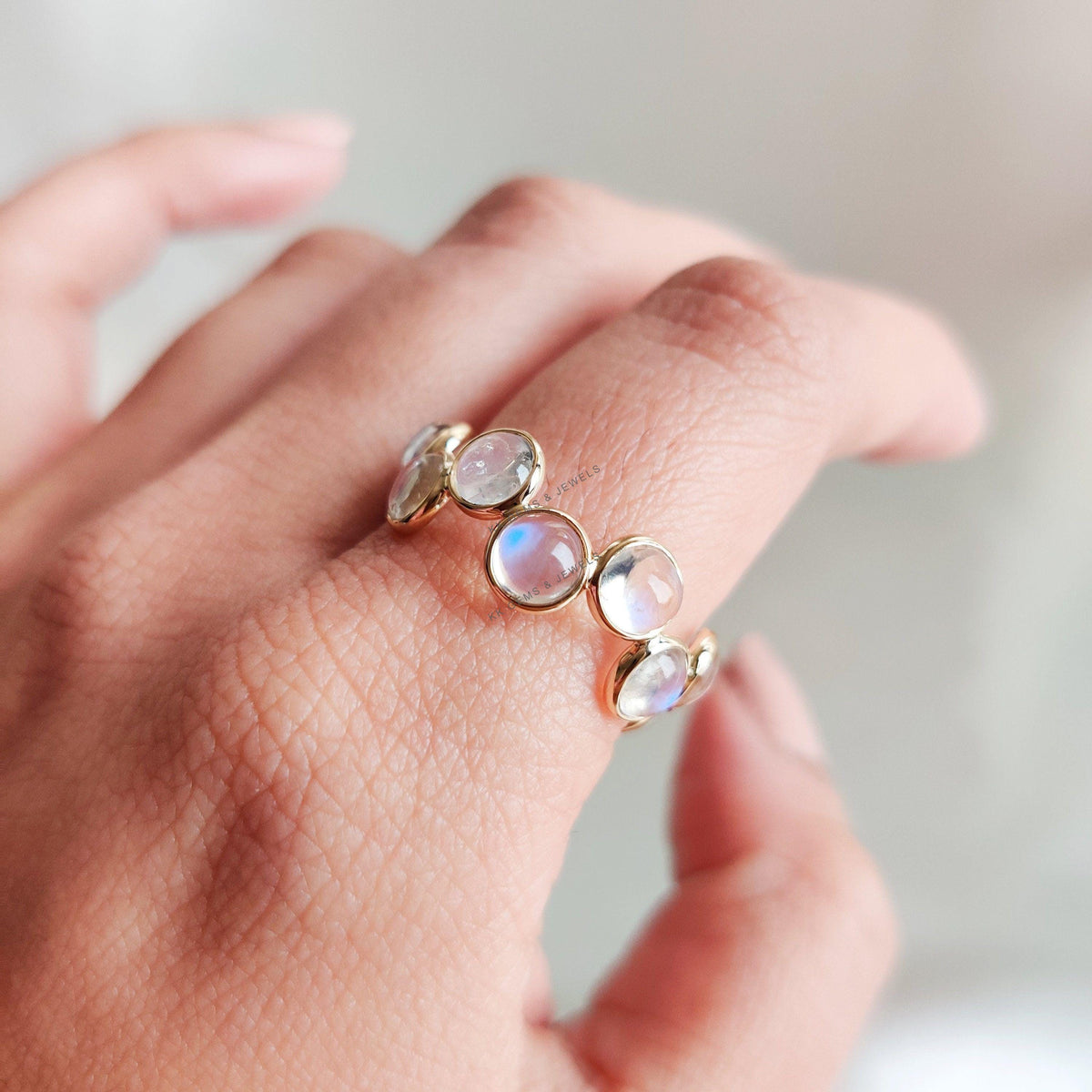 14K Solid Yellow Gold Natural Rainbow Moonstone Ring, June Birthstone