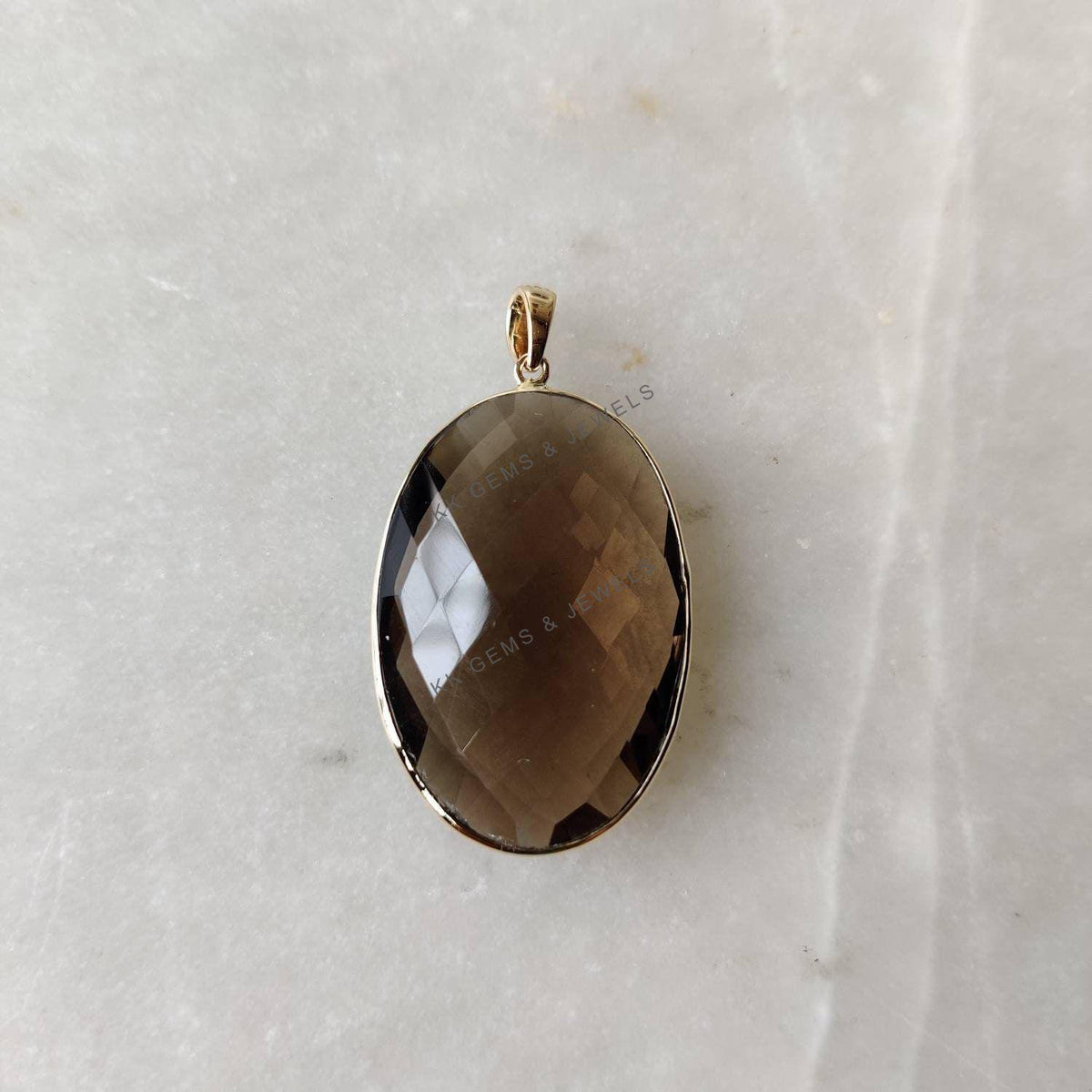 Natural Smoky Quartz Pendant: 14K Solid Yellow Gold Oval Bezel Pendant