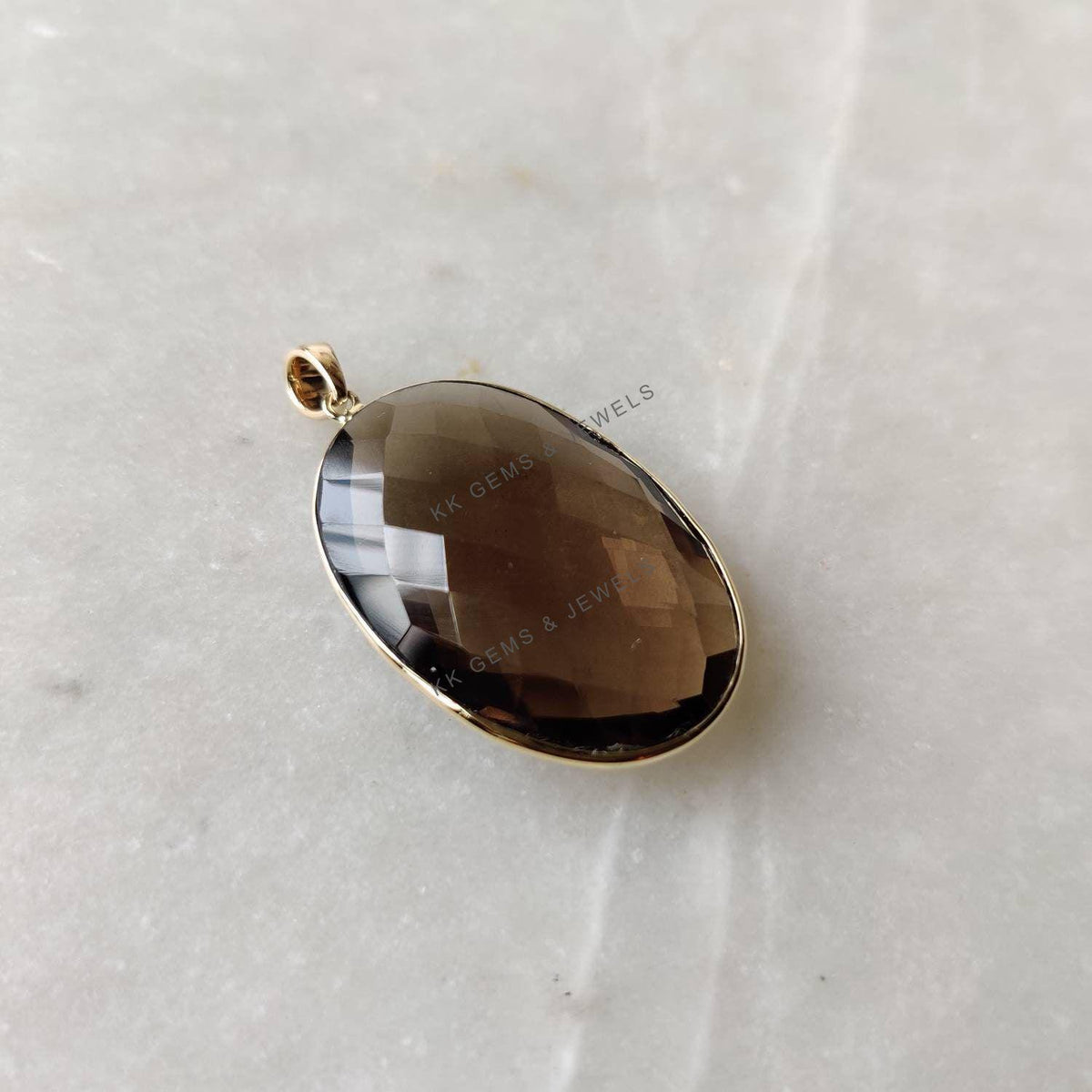 Natural Smoky Quartz Pendant: 14K Solid Yellow Gold Oval Bezel Pendant