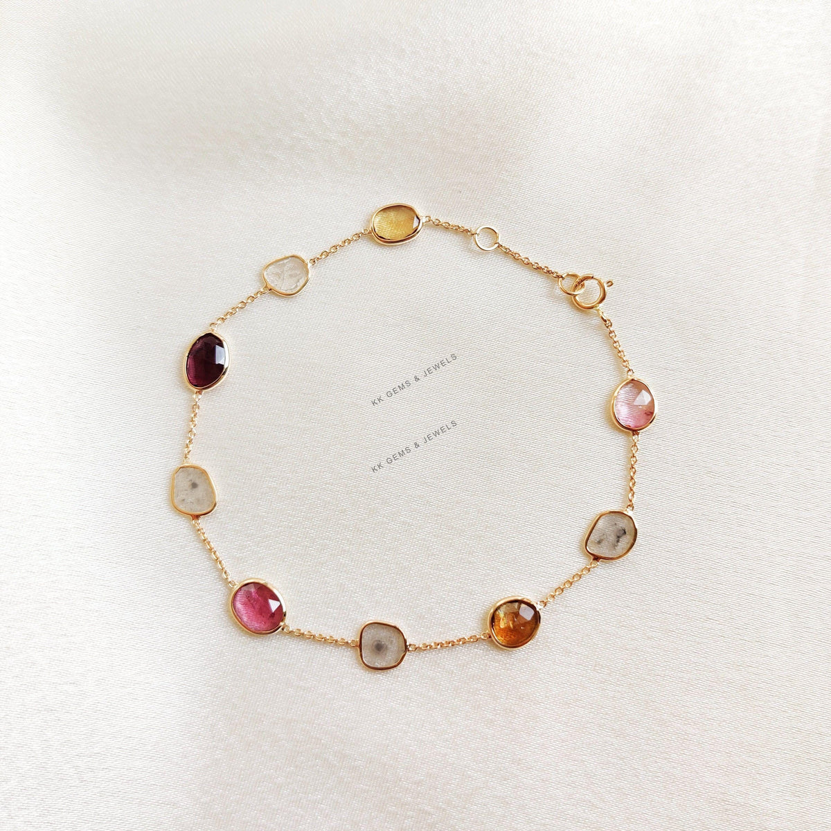 Natural Tourmaline & Diamond Polki Bracelet, 14K Solid Gold Bracelet, October Birthstone