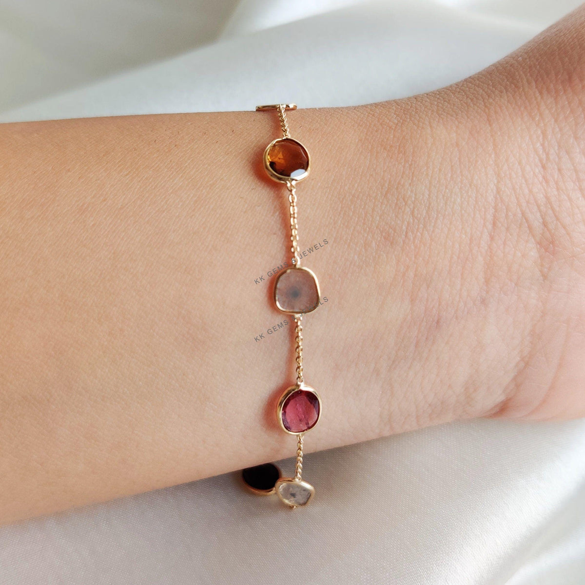 Natural Tourmaline & Diamond Polki Bracelet, 14K Solid Gold Bracelet, October Birthstone