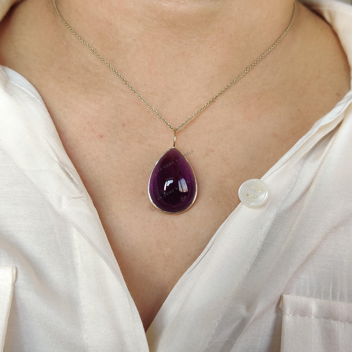 14K Solid Yellow Gold Pear Natural Purple Amethyst Pendant, February Birthstone