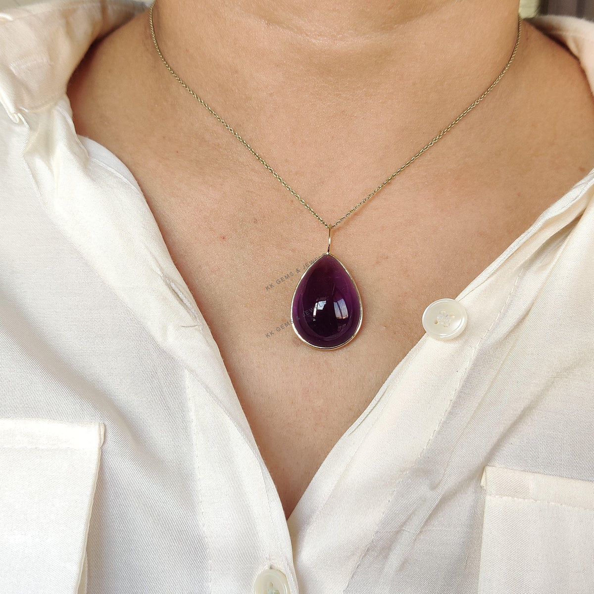 14K Solid Yellow Gold Pear Natural Purple Amethyst Pendant, February Birthstone