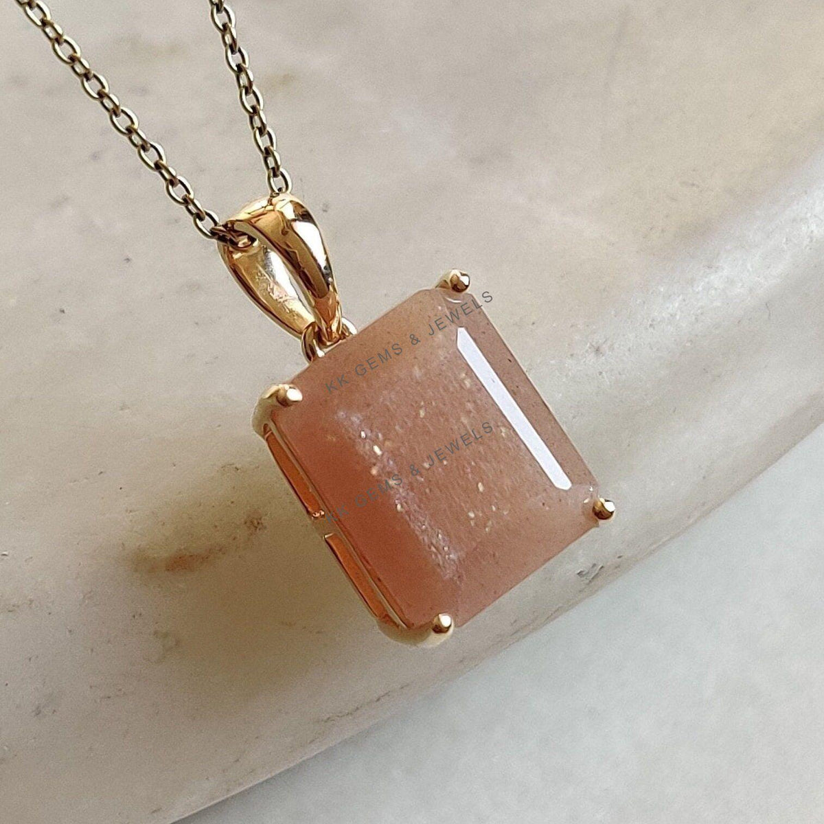 Natural Peach Moonstone Pendant, 14K Solid Yellow Gold, June Birthstone