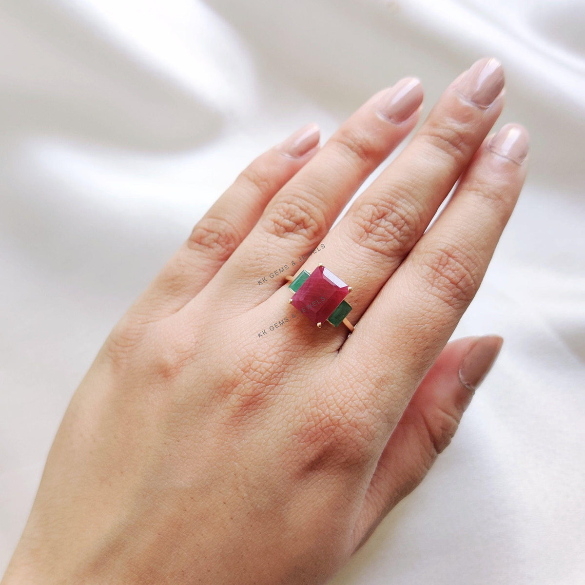 Natural Ruby and Emerald 14K Solid Gold Ring, Multi Stone Ring