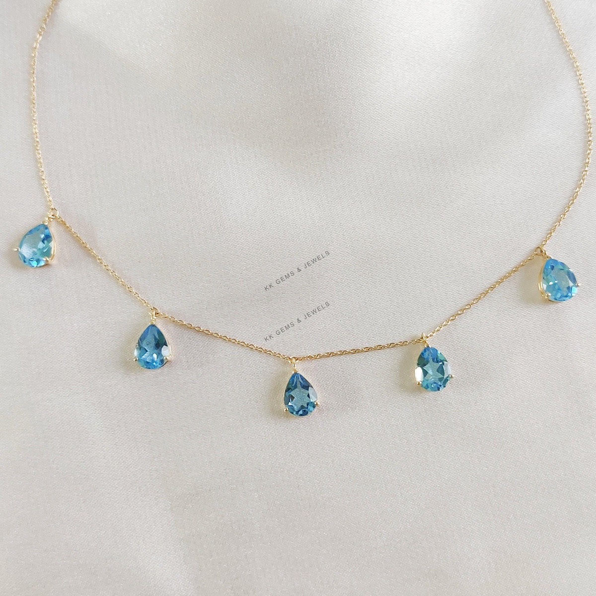 Natural Swiss Blue Topaz Necklace, 14K Solid Yellow Gold Chain Pendant, December Birthstone