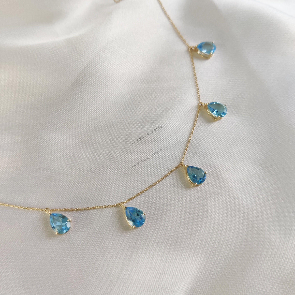 Natural Swiss Blue Topaz Necklace, 14K Solid Yellow Gold Chain Pendant, December Birthstone