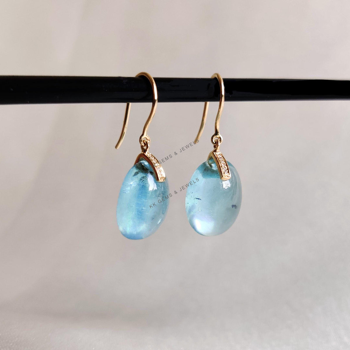 Natural Aquamarine & Diamond 14K Solid Gold Drill Earrings, March Birthstone
