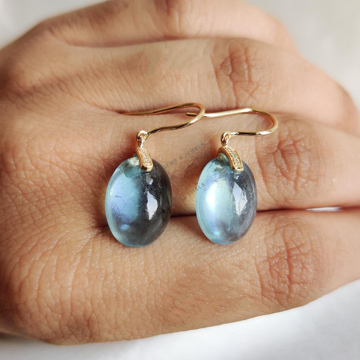 Natural Aquamarine & Diamond 14K Solid Gold Drill Earrings, March Birthstone