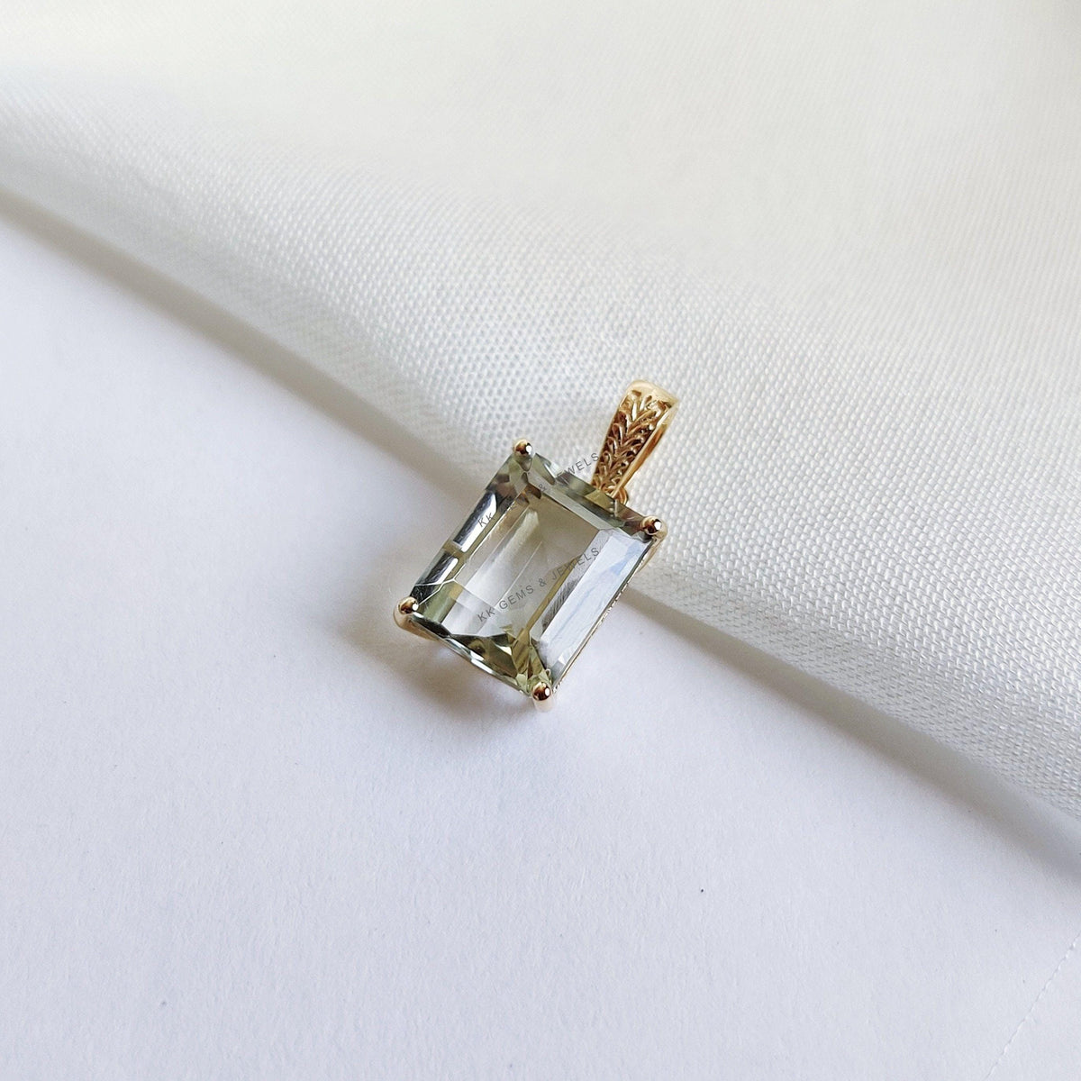 Natural Green Amethyst Pendant, 14K Solid Yellow Gold, February Birthstone