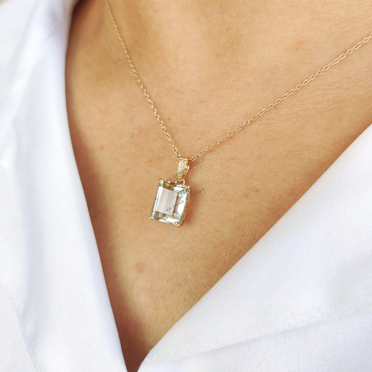 Natural Green Amethyst Pendant, 14K Solid Yellow Gold, February Birthstone