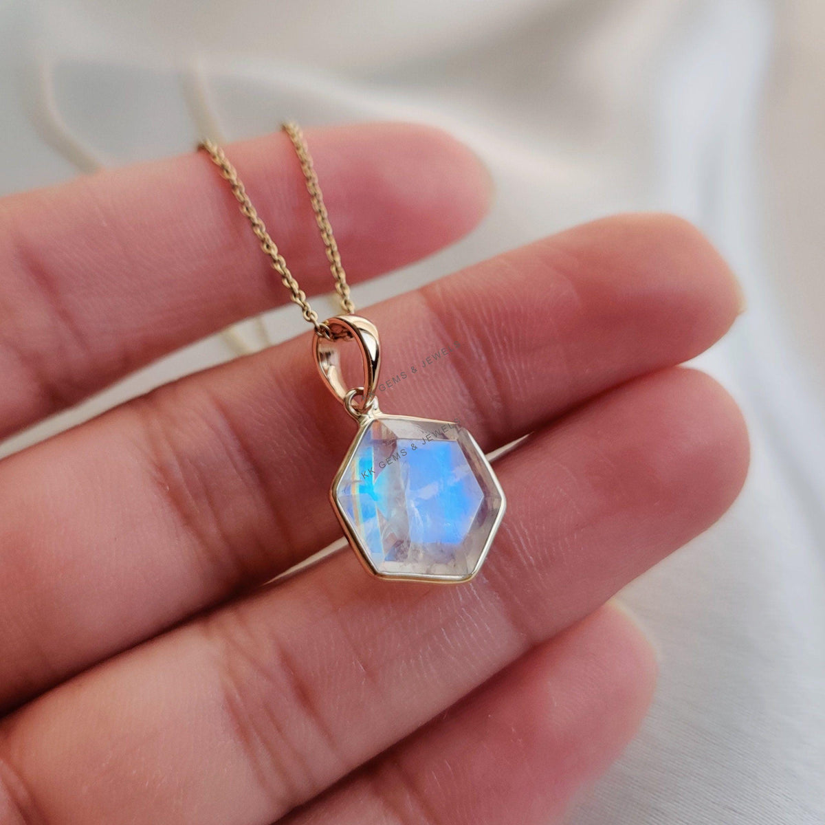 14K Solid Gold Natural Rainbow Moonstone Pendant: June Birthstone Jewelry