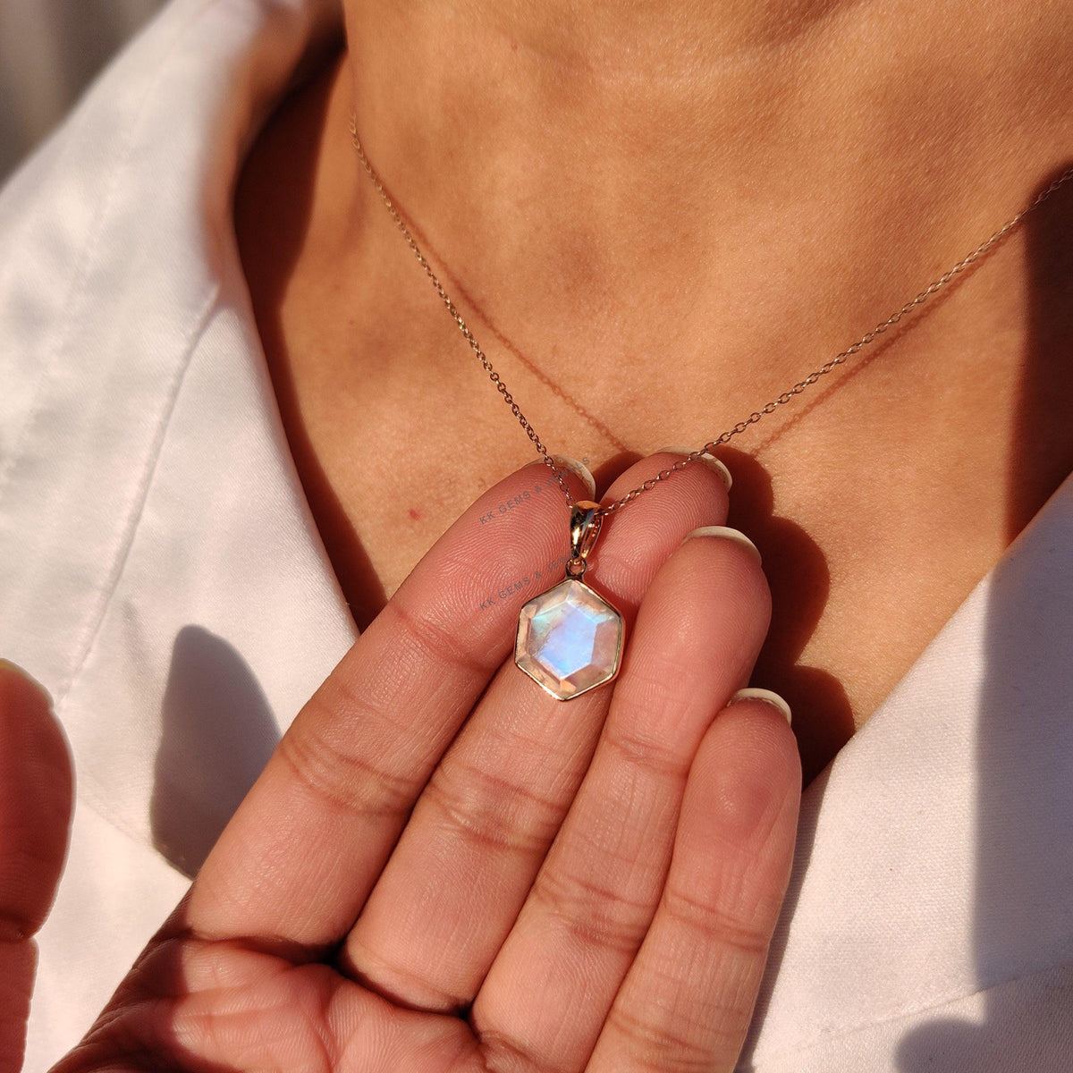 14K Solid Gold Natural Rainbow Moonstone Pendant: June Birthstone Jewelry