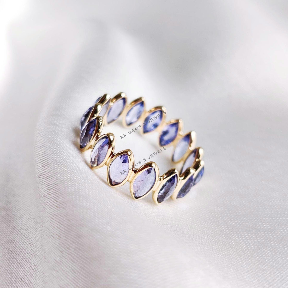 Natural Tanzanite Infinity Ring, 14K Solid Yellow Gold Bezel Set Marquise Ring
