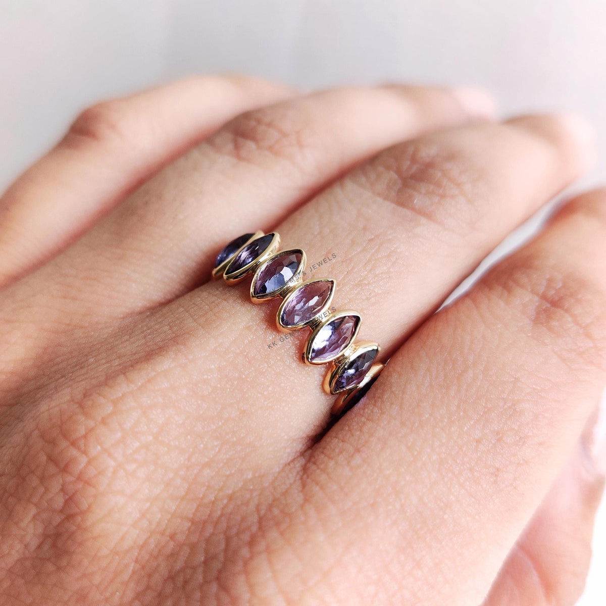 Natural Tanzanite Infinity Ring, 14K Solid Yellow Gold Bezel Set Marquise Ring