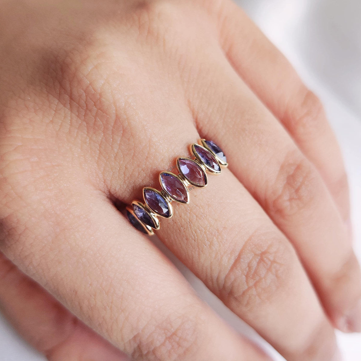 Natural Tanzanite Infinity Ring, 14K Solid Yellow Gold Bezel Set Marquise Ring