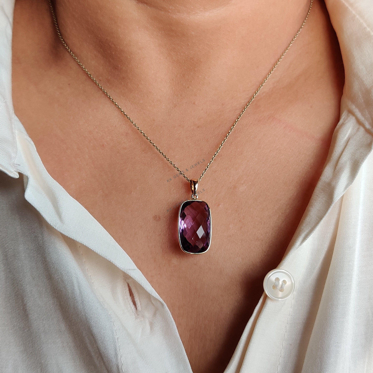 14K Solid Gold Natural Pink Amethyst Pendant, February Birthstone Jewelry
