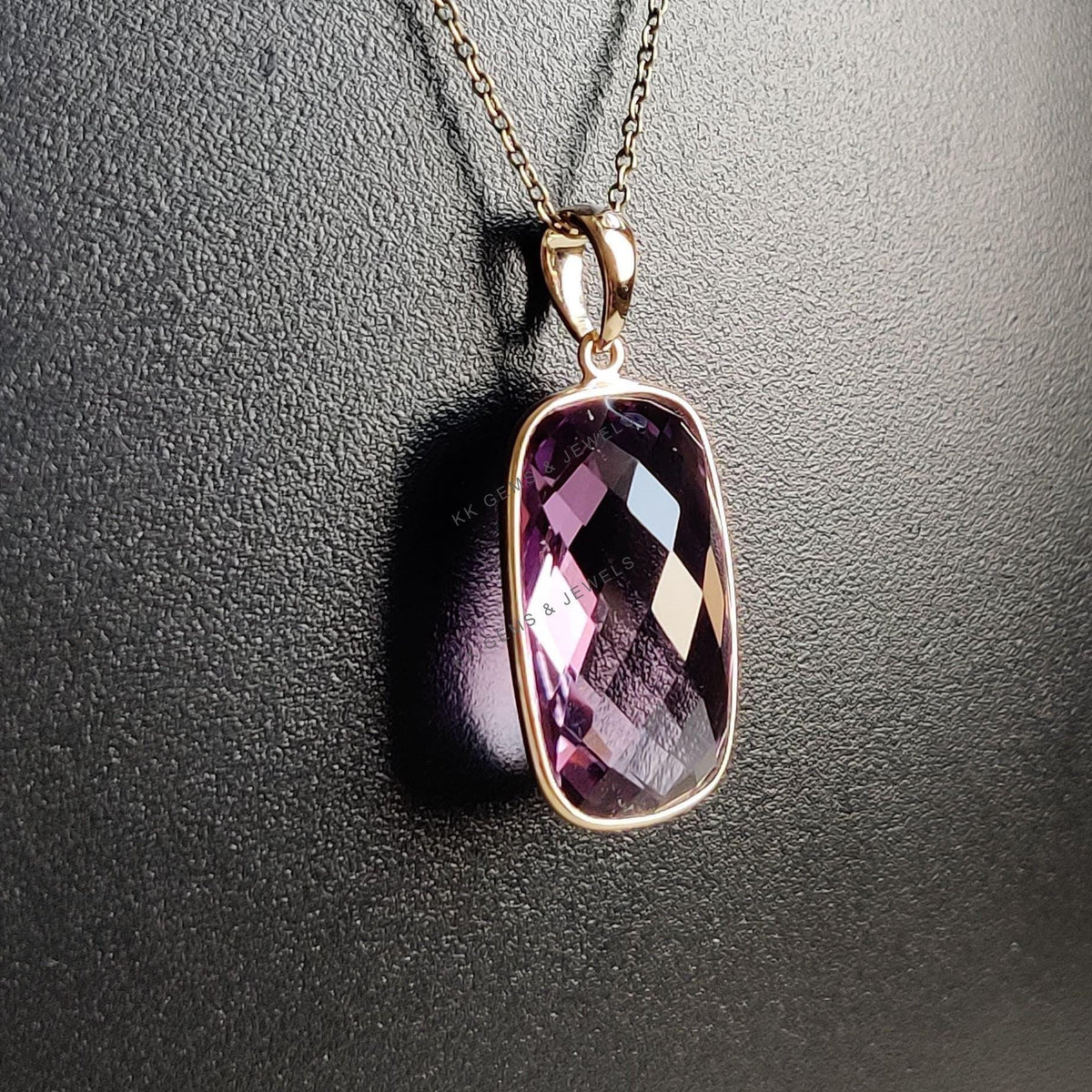14K Solid Gold Natural Pink Amethyst Pendant, February Birthstone Jewelry