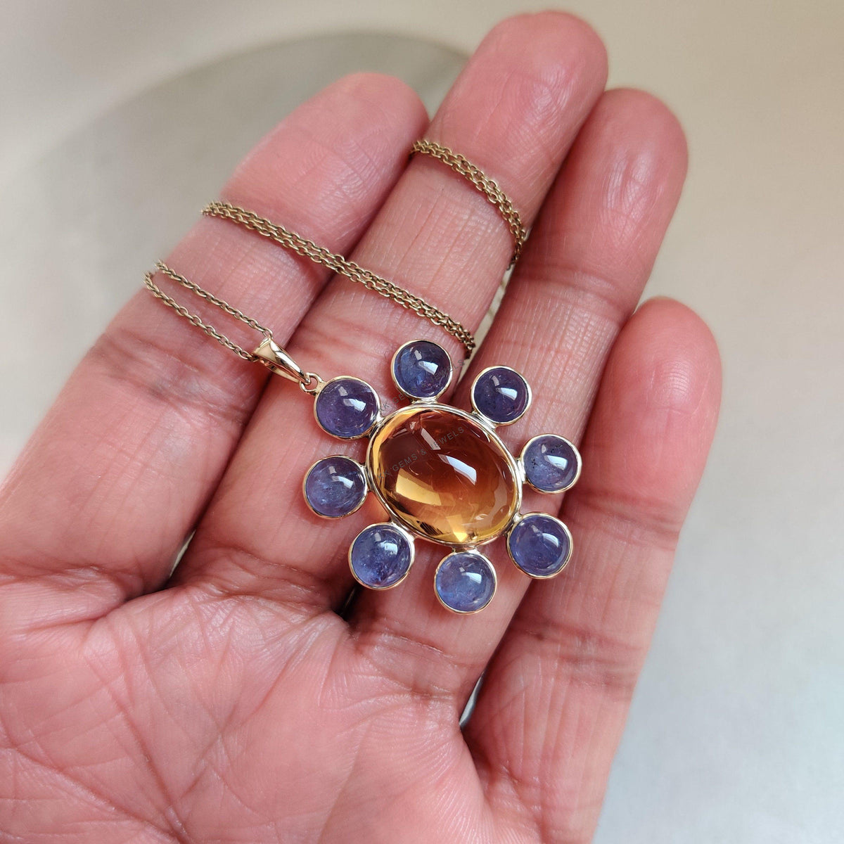 14K Solid Yellow Gold Natural Citrine & Tanzanite Pendant, November Birthstone