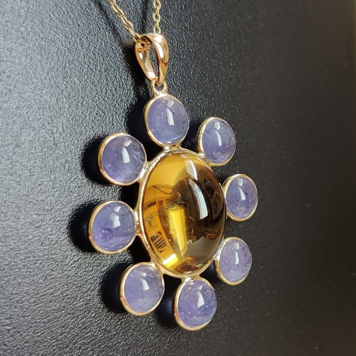 14K Solid Yellow Gold Natural Citrine & Tanzanite Pendant, November Birthstone
