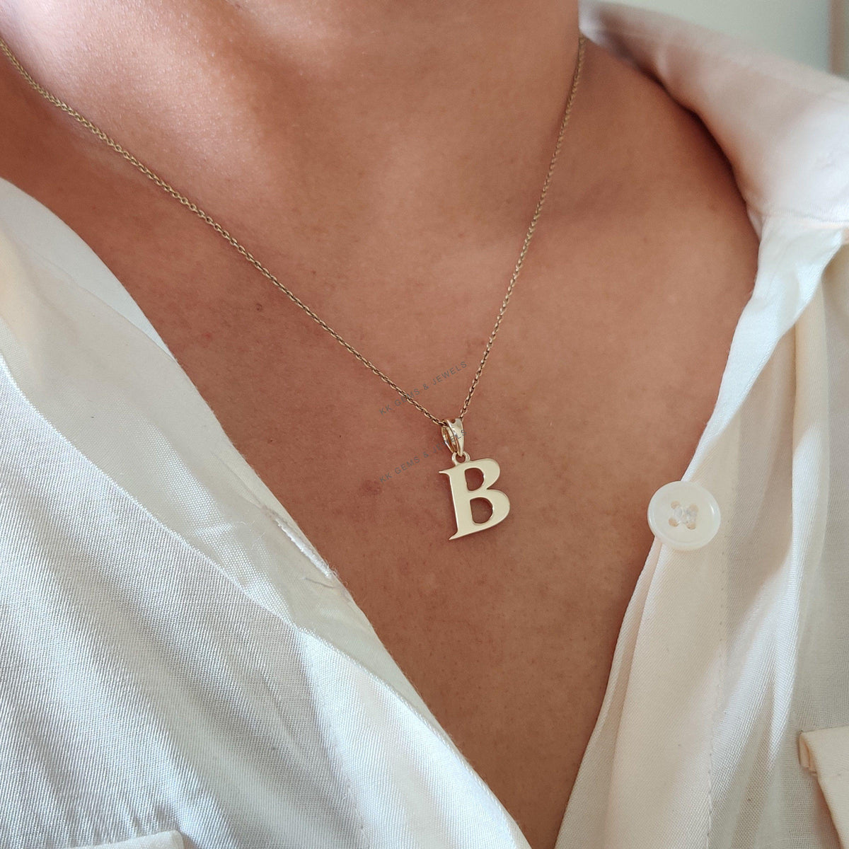 14K Solid Yellow Gold Initial B Pendant, Letter Charm