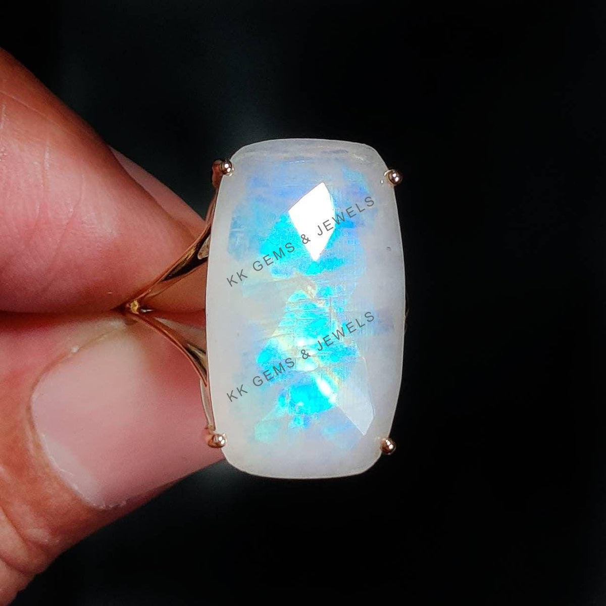 Natural Rainbow Moonstone Ring, 14K Solid Yellow Gold, June Birthstone