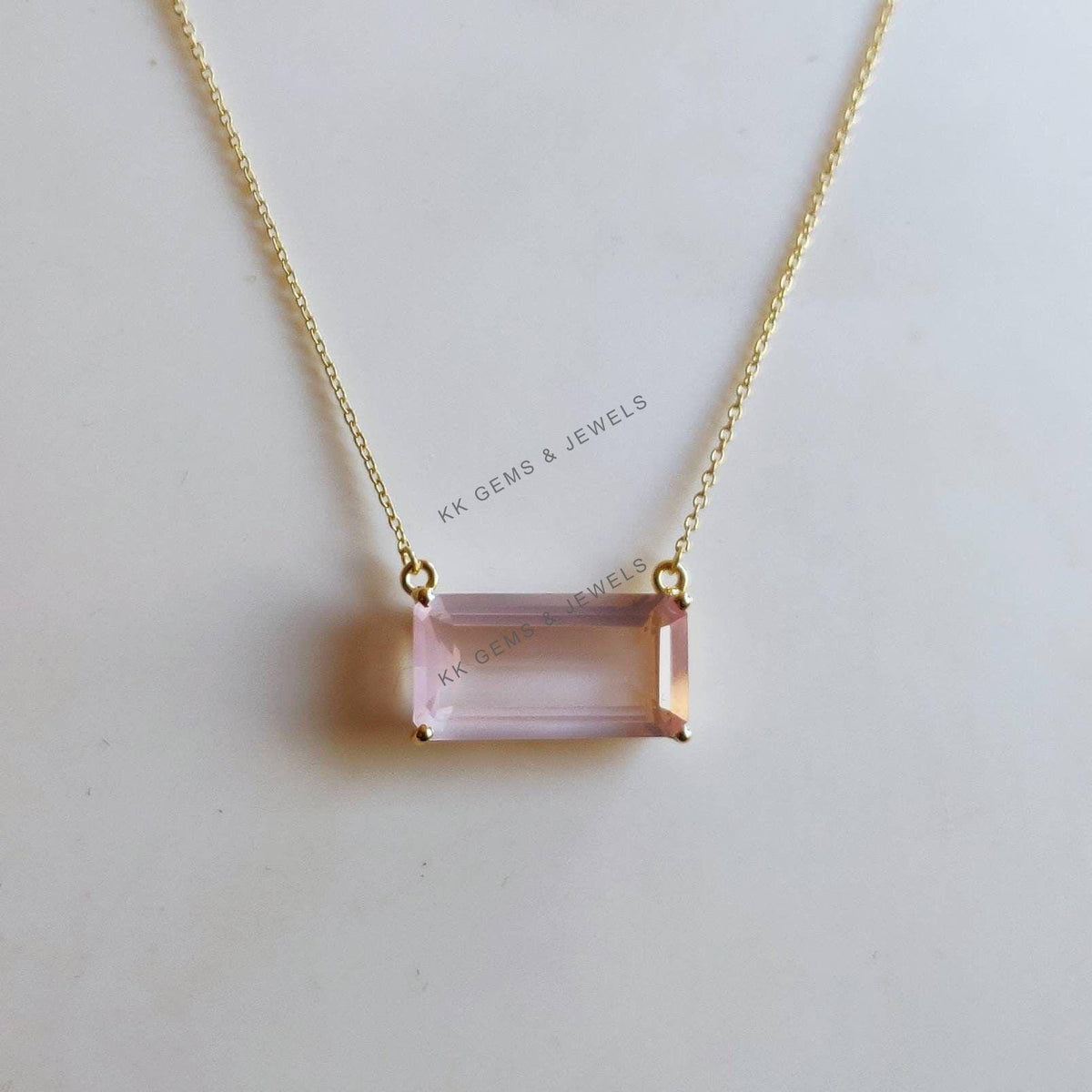 14K Solid Gold Natural Rose Quartz Octagon Pendant, January Birthstone Chain Necklace