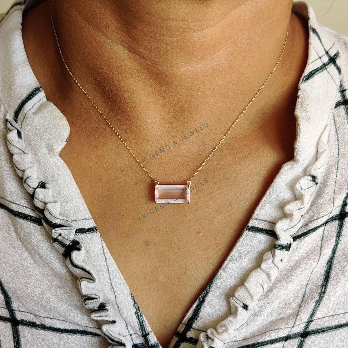 14K Solid Gold Natural Rose Quartz Octagon Pendant, January Birthstone Chain Necklace
