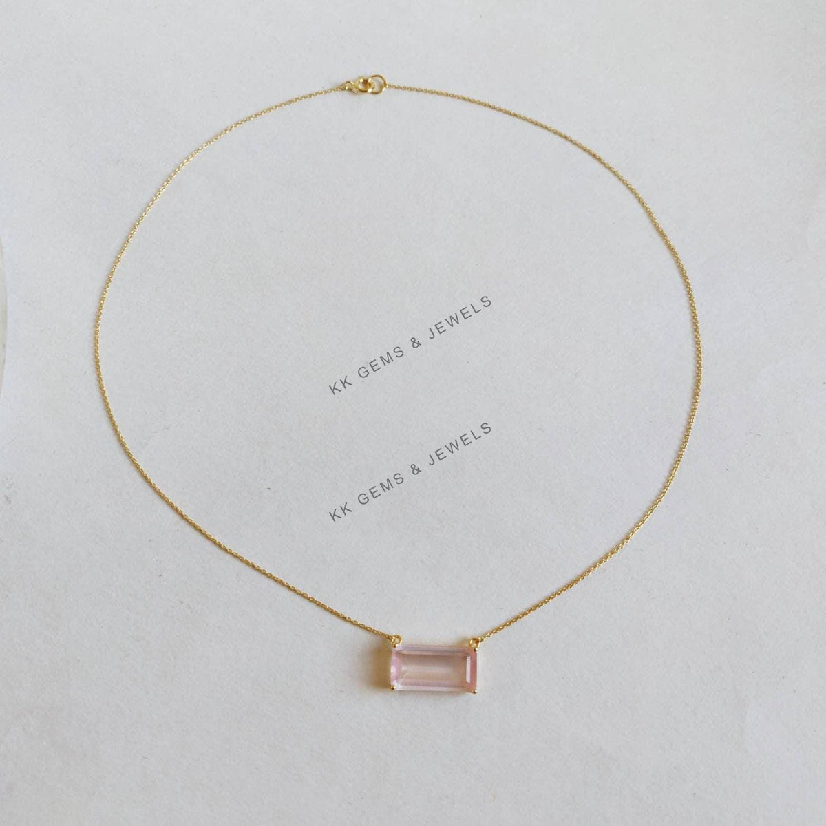 14K Solid Gold Natural Rose Quartz Octagon Pendant, January Birthstone Chain Necklace