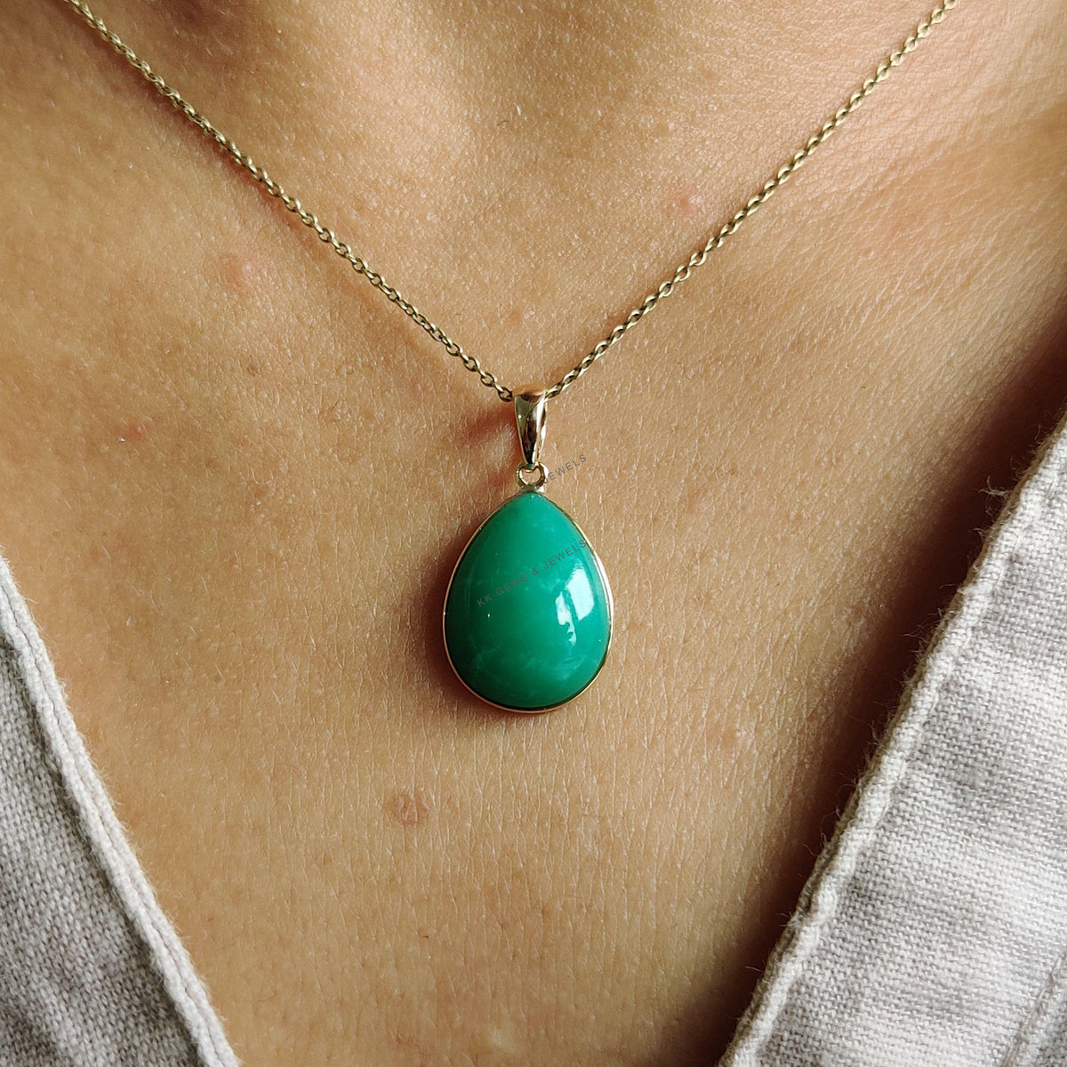 14K Solid Yellow Gold Natural Chrysoprase Pendant, Pear Cabochon, May Birthstone
