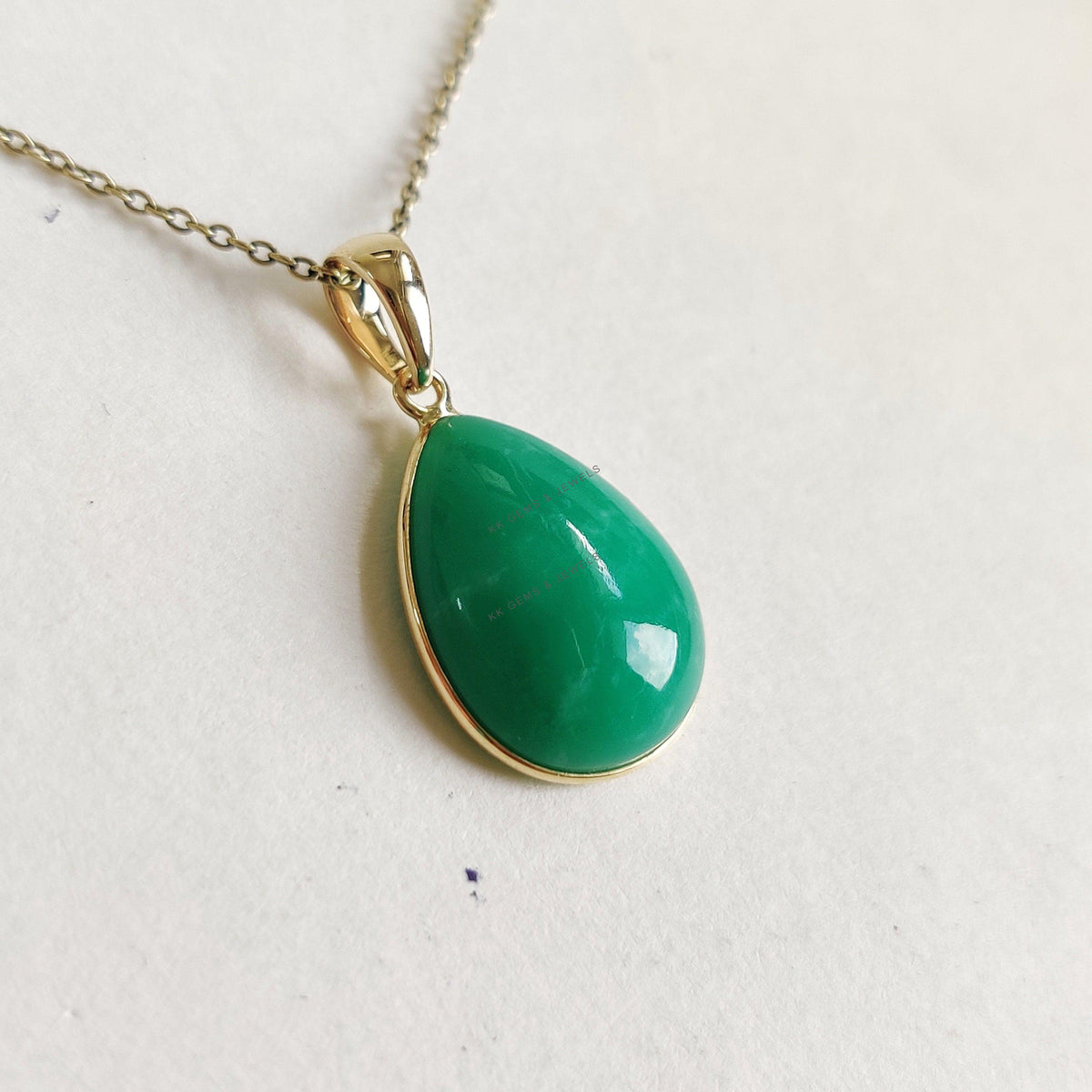 14K Solid Yellow Gold Natural Chrysoprase Pendant, Pear Cabochon, May Birthstone