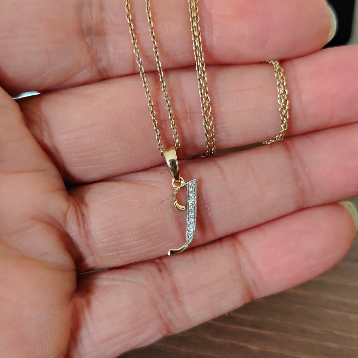 14K Solid Yellow Gold Initial J Diamond Pendant, Birthday Gift
