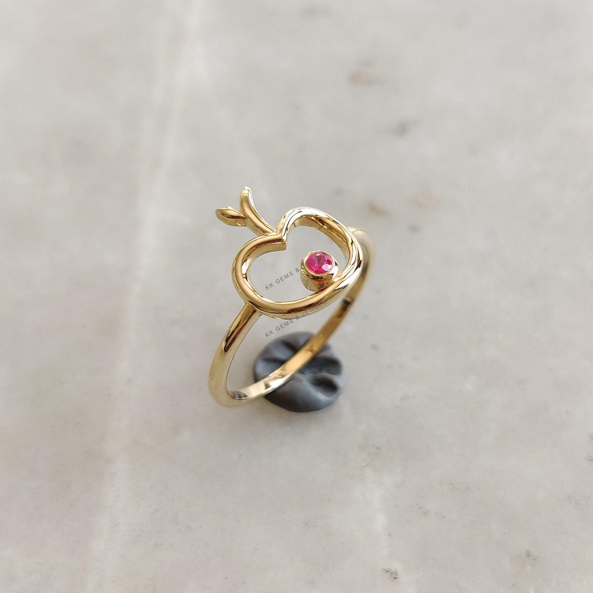 14K Solid Yellow Gold Natural Ruby Ring, July Birthstone, Dainty Apple Jewelry