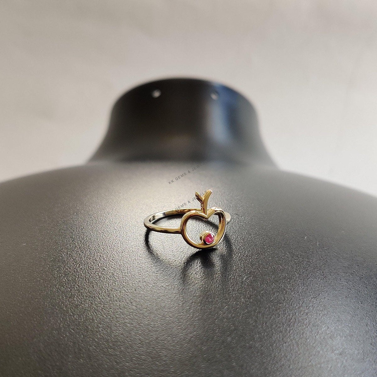 14K Solid Yellow Gold Natural Ruby Ring, July Birthstone, Dainty Apple Jewelry