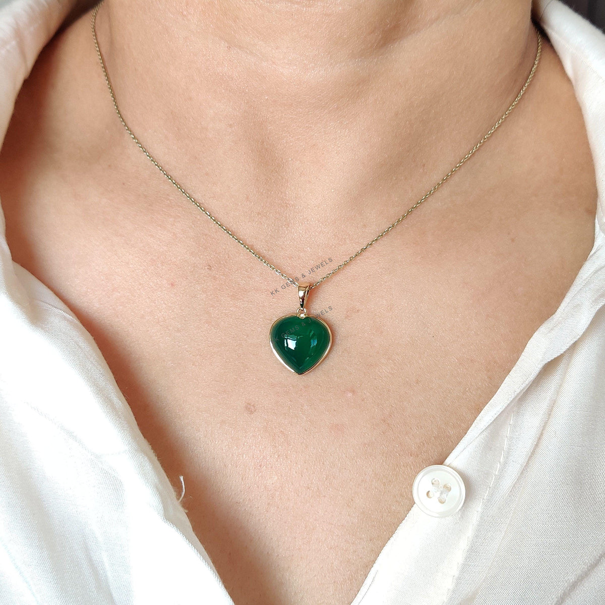 14K Solid Gold Natural Green Onyx Heart Pendant, May Birthstone Valentine Jewelry