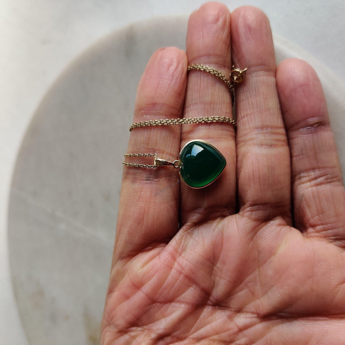 14K Solid Gold Natural Green Onyx Heart Pendant, May Birthstone Valentine Jewelry