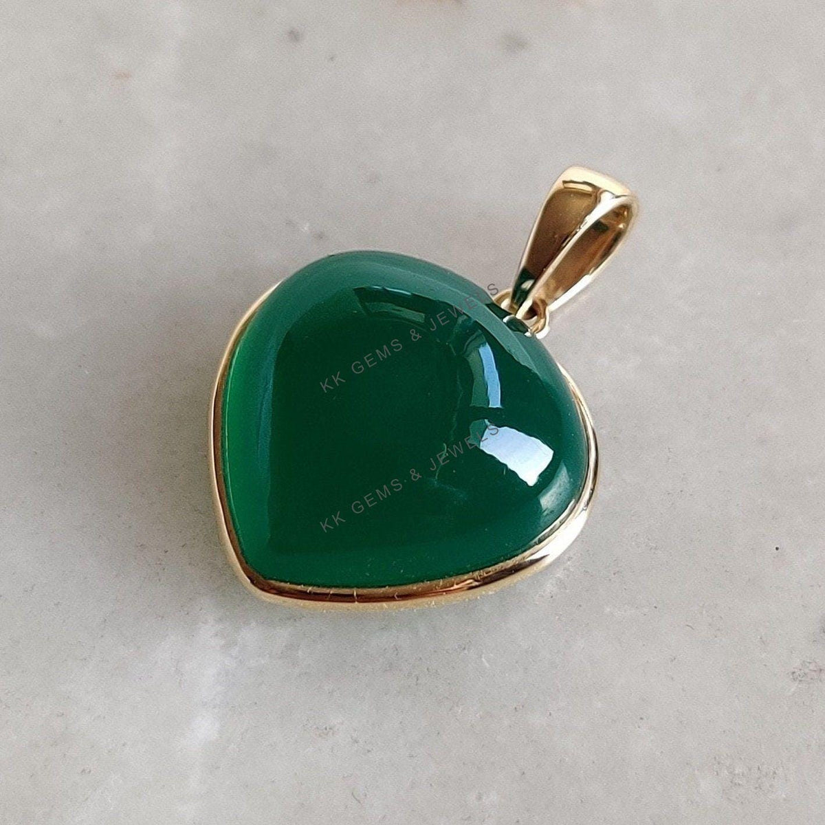 14K Solid Gold Natural Green Onyx Heart Pendant, May Birthstone Valentine Jewelry