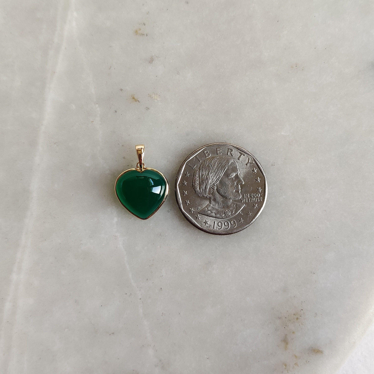 14K Solid Gold Natural Green Onyx Heart Pendant, May Birthstone Valentine Jewelry