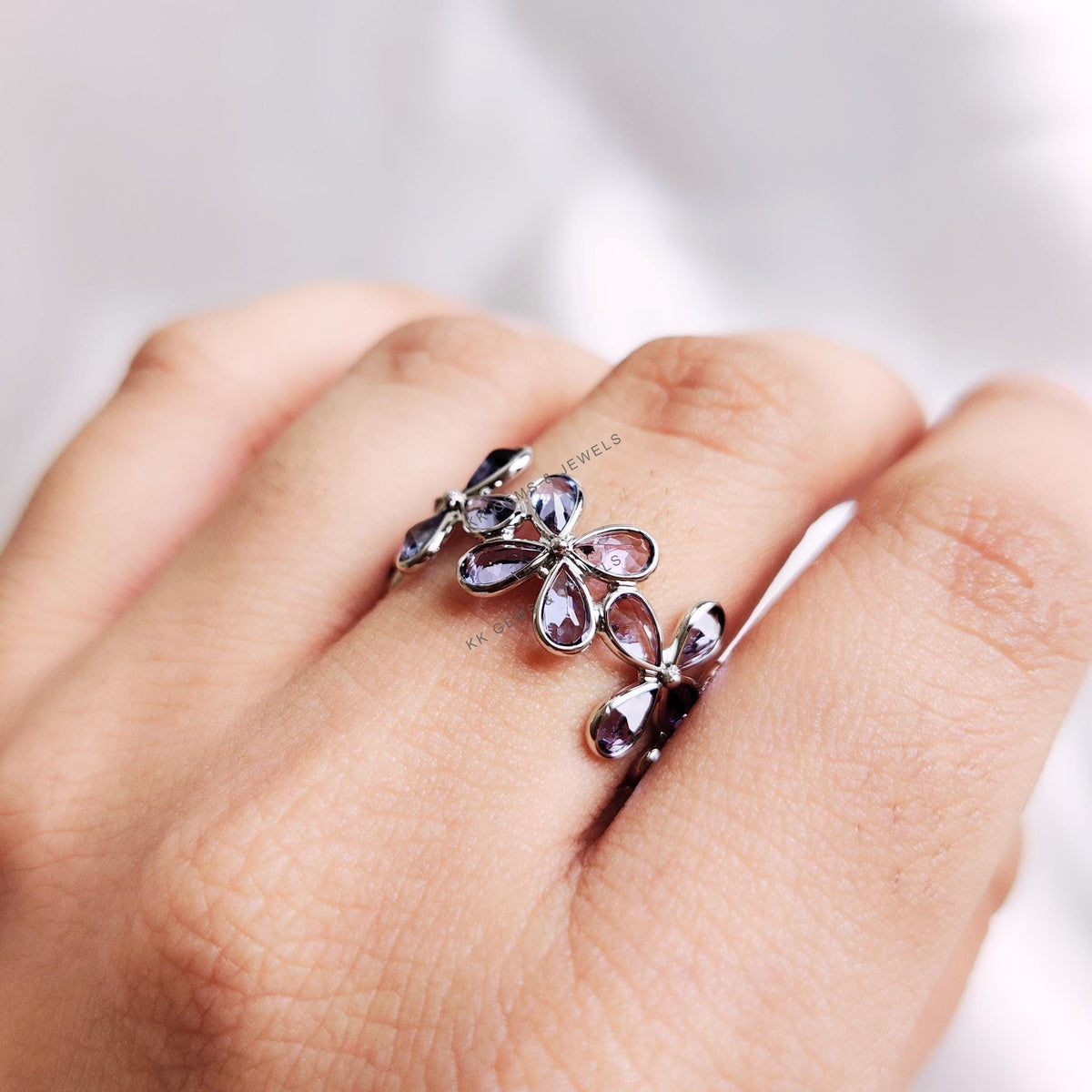 Natural Tanzanite Flower Infinity Ring, 14K Solid White Gold, December Birthstone