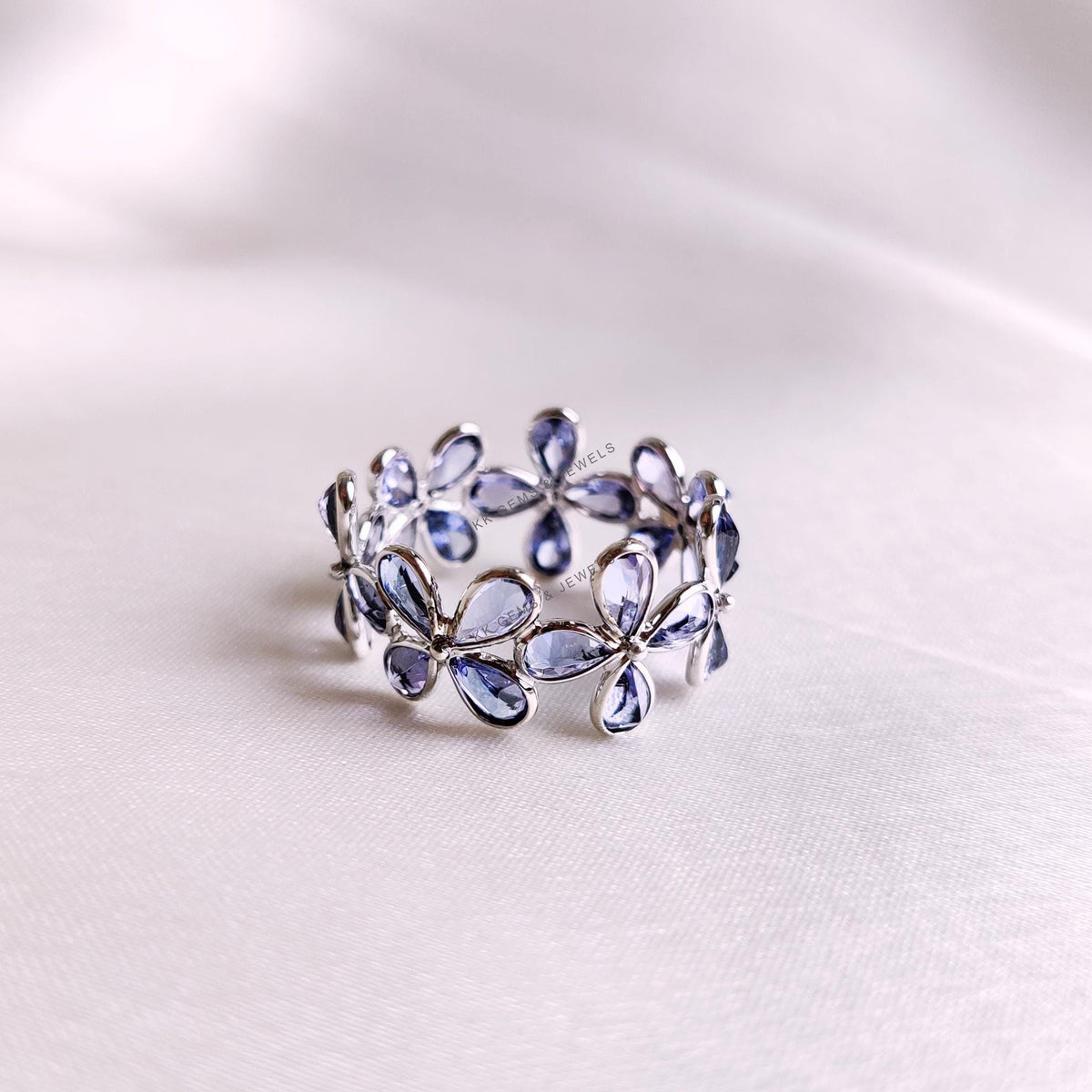 Natural Tanzanite Flower Infinity Ring, 14K Solid White Gold, December Birthstone
