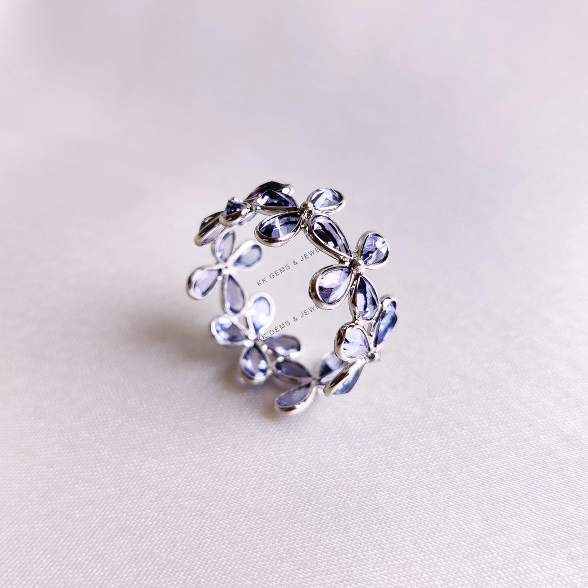 Natural Tanzanite Flower Infinity Ring, 14K Solid White Gold, December Birthstone