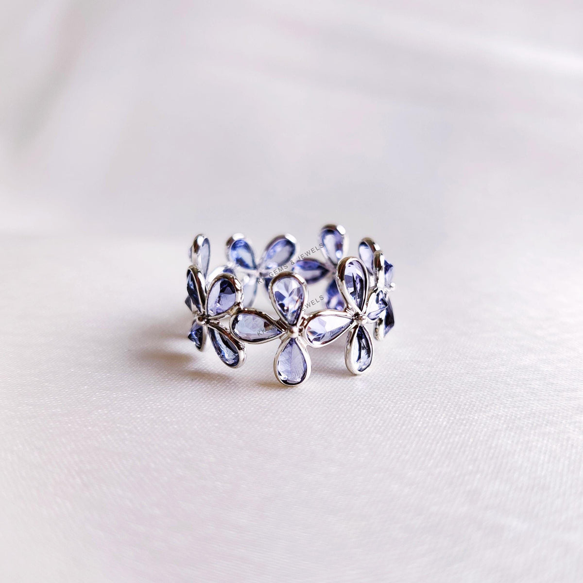 Natural Tanzanite Flower Infinity Ring, 14K Solid White Gold, December Birthstone