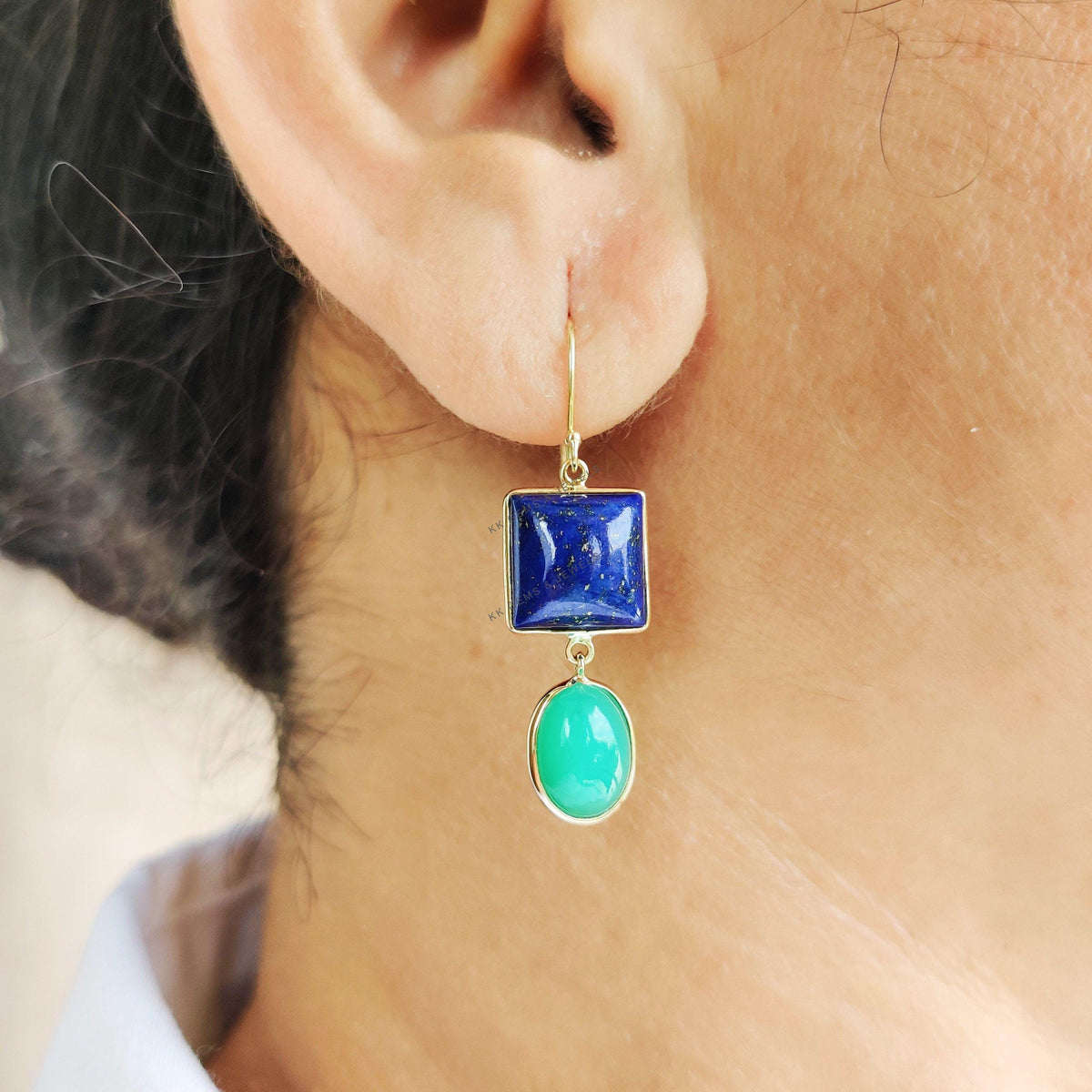 14K Solid Yellow Gold Natural Lapis Lazuli & Chrysoprase Earrings, September Birthstone